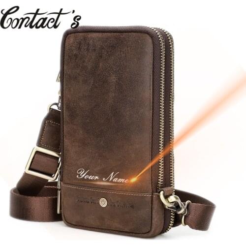Contacts Free Engraving Men Shoulder Bag Genuine Leather Crossbody Bags Large Capacity with Phone Pocket Casual Male Waist Pack