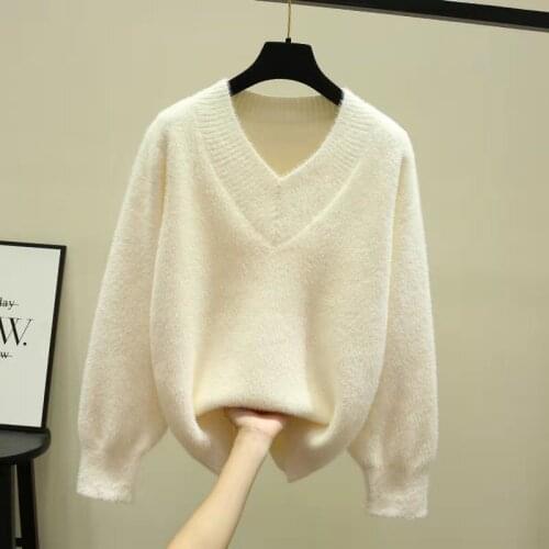 Spring Autumn V-neck Mink Cashmere Sweater Womens Pullover Korean Loose Sweaters Winter Female Tops Sueterde Mujer Pull Femme