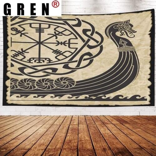 GREN Tapestry Vikings Ancient Runes Scenery Wall Hanging Fabric Background Wall Rugs Covering Fabric Blanket Living Home Decor