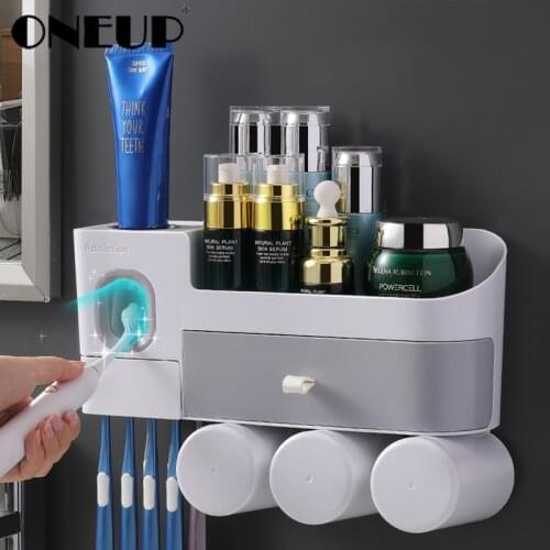 ONEUP Integrated Double Drawer Toothbrush Holder Automatic Toothpaste Squeezer Wall-mounted Dustproof Toothbrush Holder With Cup