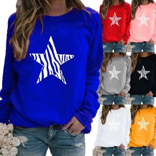 Womens Autumn and Winter Striped Star Printed Casual Sweatshirt Plus Size Long Sleeve Tops T-shirt Ladies Round Neck Blouse