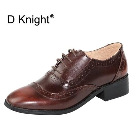 Handmade Big Size 32-42 Women Oxfords Shoes Vintage Genuine Leather Brogues Oxford Shoes For Woman British Carved Ladies Oxfords