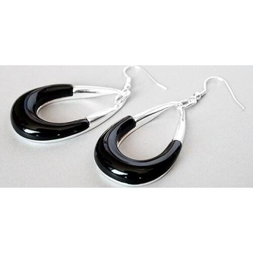 Ladys VINTAGE BLACK HUGE 925 HOOK Natural stone EARRING Natural Stone bread big earringsWomen Party