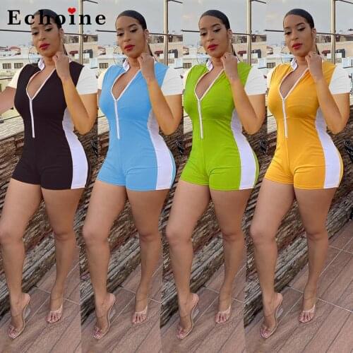 Women Playsuit Fashion Leisure Trend Stitching Zipper Slim Short Sleeve Movement Jumpsuit Color Block Patchwork Rompers Overalls