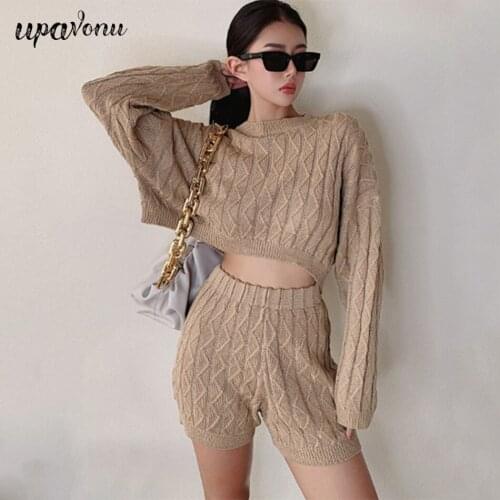 Free Shipping Womens Knitted Sweater Set 2021 New O-Neck Long Sleeve Pullover Shorts & Elastic Shorts Casual Two-piece Set