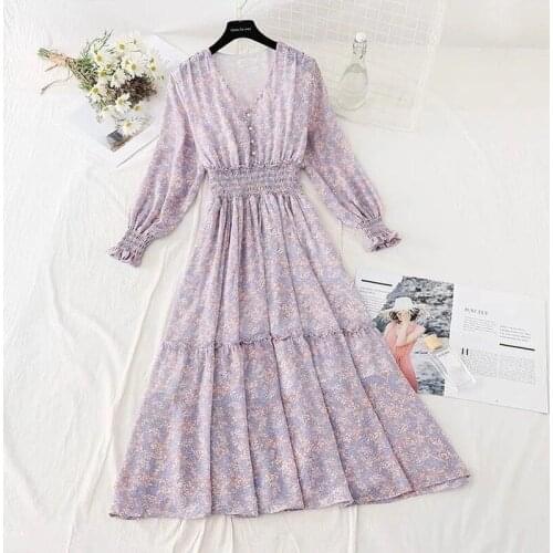 2021 Spring Autumn Casual Chiffon Floral Print Dress Full Sleeve Long Dresses Elegant Women Bodycon Party Vestidos Y566