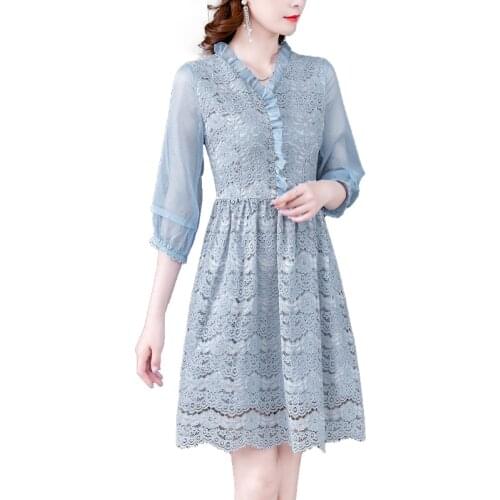 2021 New Spring Summer Women Elegant Party Dress High Quality Chiffon Patchwork Light Blue Lace Dress