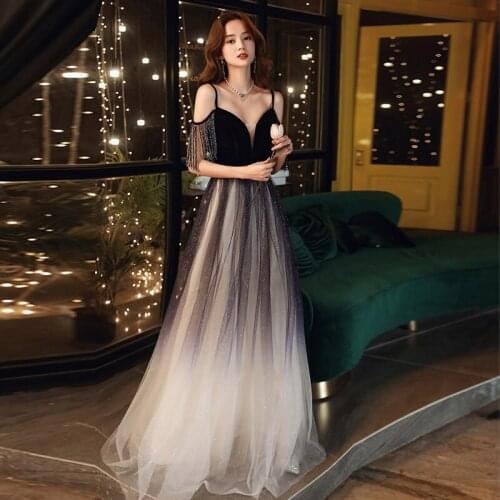 Birthday Party Evening Dress for Women 2021 Gradient Color Sling Tassel Long Off The Shoulder Sexy Prom Gown Dark Blue A342