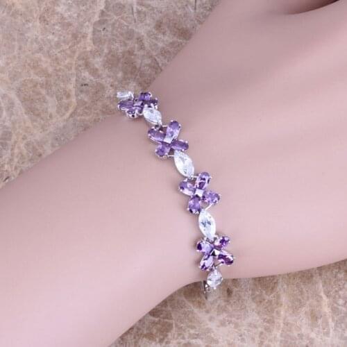 Purple Cubic Zirconia White CZ Silver Plated Link Chain Bracelet 6 - 7.5 inch S0364