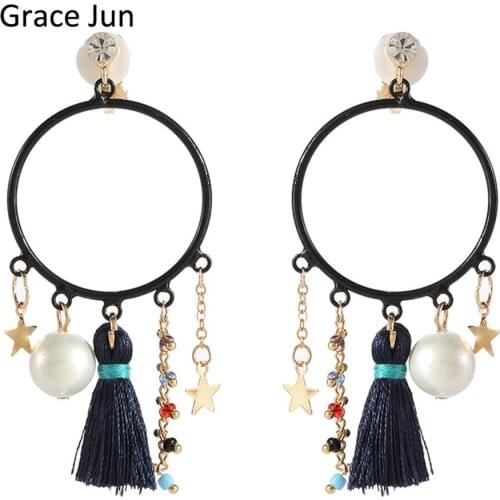 Grace Jun 2017 New Design Vintage Star Tassel Crystal Clip on Earrings Without Piercing for Women Party Wedding Elegant Earrings
