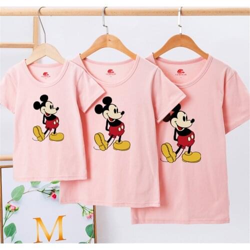 Pink Family Matching T Shirts 100% Cotton White Black 10Colors Kids Girl Boy Adult Tshirts Mickey Mouse Printed Family Look Tops