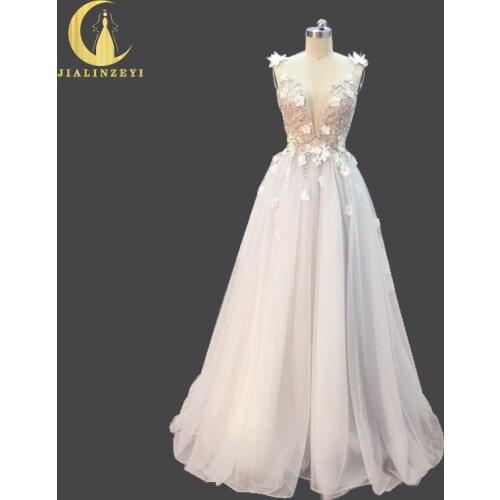JIALINZEYI Real Image Sample Sexy Sexy V Neck Light Grey Crystal Flowers Tulle A-line Fashion party dresses evening dress 2021