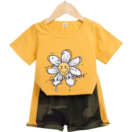 Summer Clothes for Kids Girls New Toddler Baby Girls Floral Print Short Sleeve Tops+Camouflage Shorts Two Piece Sets Outfits D30
