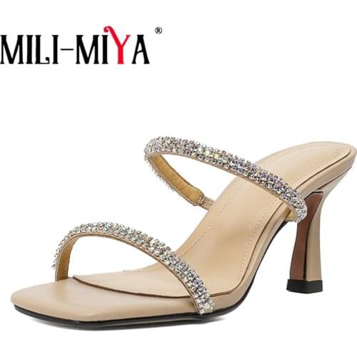 MILI-MIYA New Fashion Women Rhinestone Slippers Sandals High Heels Sexy Summer Outdoor Square Toe Ladies Dress Shoes Big Size 42