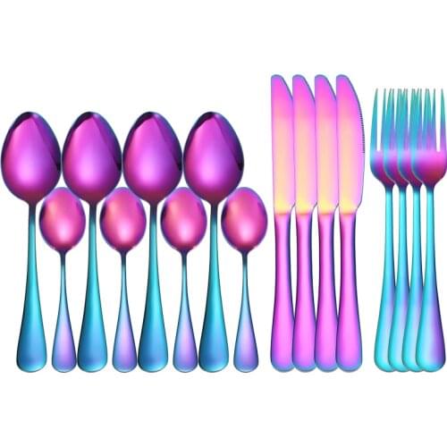 16Pcs Colorful Dinnerware Set Stainless Steel Cutlery Set Kitchen Mirror Gold Tableware Set Knife Fork Spoon Dinner Set