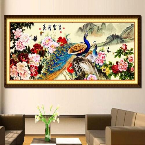 Peony Flower Peacock Animal Cross Stitch Kits 11CT Printed Canvas Embroidery DIY Handmade Needlework Wall Home Decor