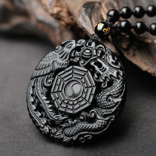 Natural Black Obsidian Beads Necklace Hand-Carved Five Elements Eight Diagrams Jade Pendant Fashion Charm Jewelry Amulet Gifts