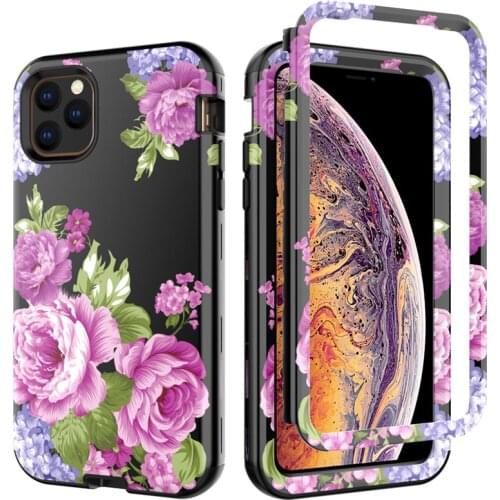 Front&Back 360 Degree Full Body Protective Case For iPhone11Pro max 6.5 Marble Flower Glitter PU Silicon Shockproof Hybrid Armor