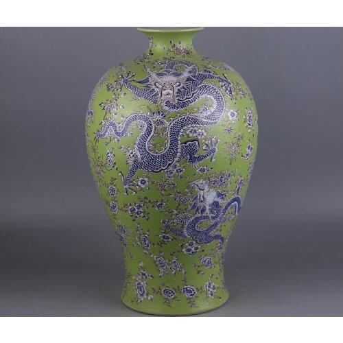 Antique Chinese Style Jingdezhen Green Porcelain Dragon Flower Vase For Home Office Decor