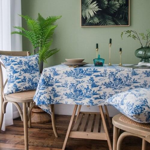 Retro Blue Printing Ink Tablecloth Picnic Cloth Background Cotton Coffee Shop Photo Decoration Cloth Tapete