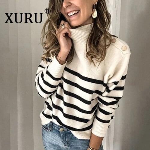 XURU Autumn and Winter New Knitted Sweater Turtleneck Pullover Shoulder Strap Buttoned Striped Sweater Women