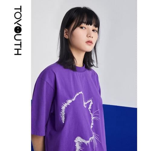 Toyouth Women Tees 2021 Summer Short Sleeve Round Neck Loose T-shirts Cat Embroidery Print Purple Casual Tops
