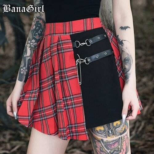 Gothic Punk Skirts Lolita Women Red Plaid Pleated Ball Gown High Waist Patchwork Mini Skirt Fashion Streetwear Buckle Female