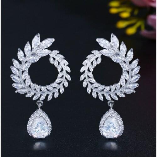 Lady luxury bridal jewelry shiny cubic zircon fancy leaf drop Earrings Factory Price Luxury wedding Earrings