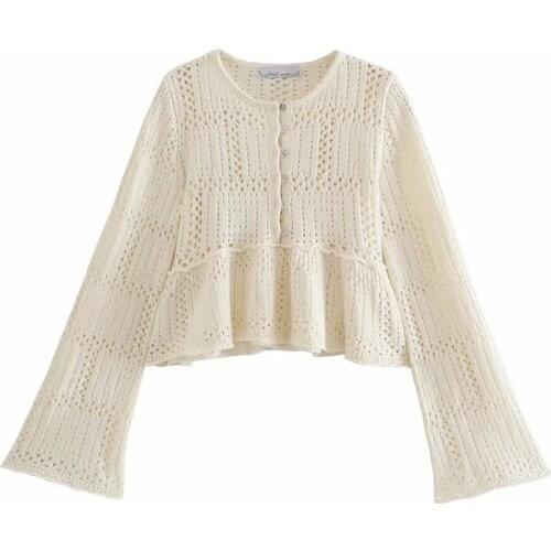 2021 Women Fashion O Neck Button Up Hollow Out Crochet Knitted Short Sweater Female Chic Patchwork Hem Ruffles Knitted coat Tops