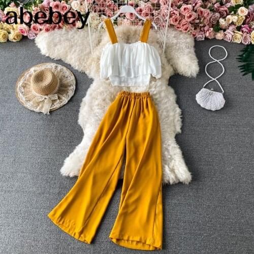 Women Office Lady Suits Sexy Strap Tops+Sashes Long Wide Leg Pants Elegant Backless Blouse Solid Trousers Two Piece Set