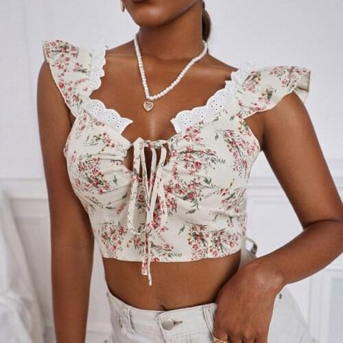 2021 Summer Sexy Lace Up Crop Top Women White Sleveless Corset Top Fashion V Neck Floral Print Basic Crop Top