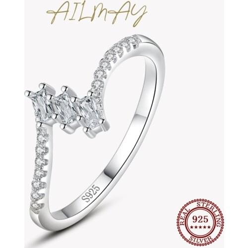 Ailmay Top Quality Real 925 Sterling Silver Trapezoidal Clear CZ Charm Rings For Women Girls Anti-allergy Fine Jewelry Gifts