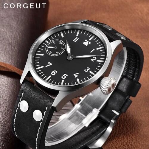 Corgeut Mens Wrist Watch 17 Jewels Mechanical Hand Winding Watch Seagull 3600 Movement 6497 Fashion Leather Sport Luminous Man