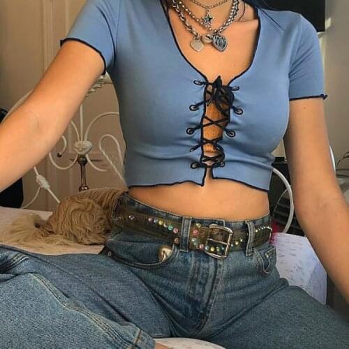 Floral Lace Up Front Crop Top Short Sleeve Blue Pam Top Women Aesthetic e-Girl Y2K