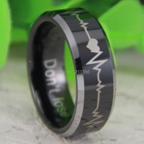 Cheap Price Free Shipping USA Hot Selling 8MM Black Top Silver Beveled Heart Beat Forever Love Mens' Fashion Wedding Band Ring
