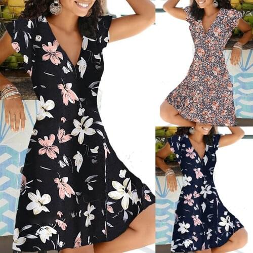 Dress Women Summer V-neck Flower Print Short-sleeved Zipper Pullover Clothes Elegant Vintage Dress Vestidos De Verano sukienka