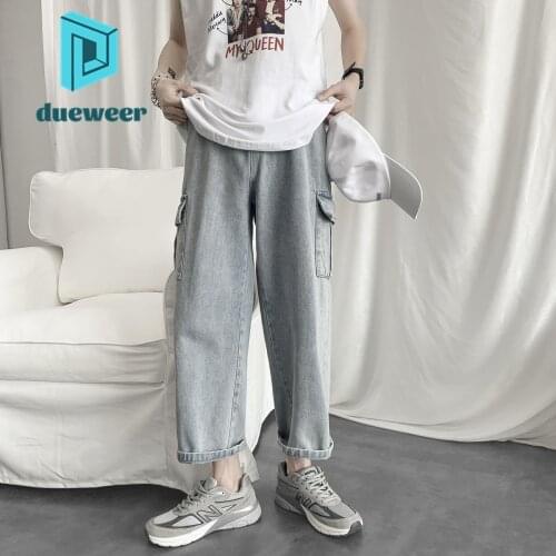 DUEWEER Mens Cargo Jeans Spring Autumn Baggy Student Trousers Streetwear Men Harajuku Straight Wide Leg Denim Pants Belt