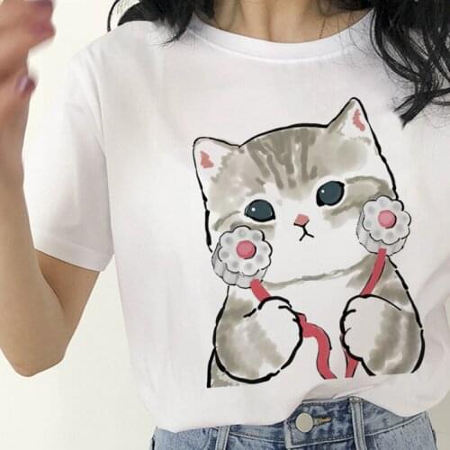 FIXSYS Summer Cute Funny Cat Graphic Printed Women T-shirt Ladies Harajuku Casual Tshirts 90S Girls Short Sleeve Tops Tee