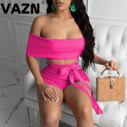 VAZN 2020 Hot Sales Hollow out Strapless Short Sleeve Outspoken Short Pants Reduction Age Sexy Beach Slim Women 2 Piece Set