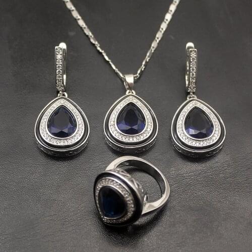 Hermosa Wholesale Necklace/Earrings/Ring set Size 6/8 Women Accessory Silver Color Teardrop Jewlery Sets HS0014S