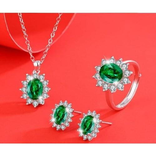 Classic 100% 925 Sterling Silver Oval Emerald Created Moissanite Wedding Party Earrings/Pendant/Necklace/Ring Jewelry Set Gifts