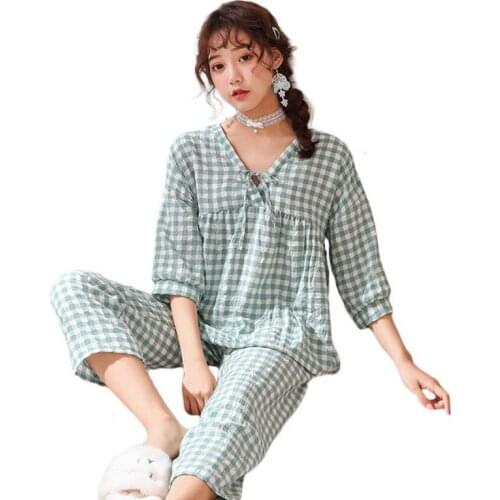 Plaid pajamas for women V neck home wear women cotton womens summer pajamas three quarter sleeve full length pants FG141