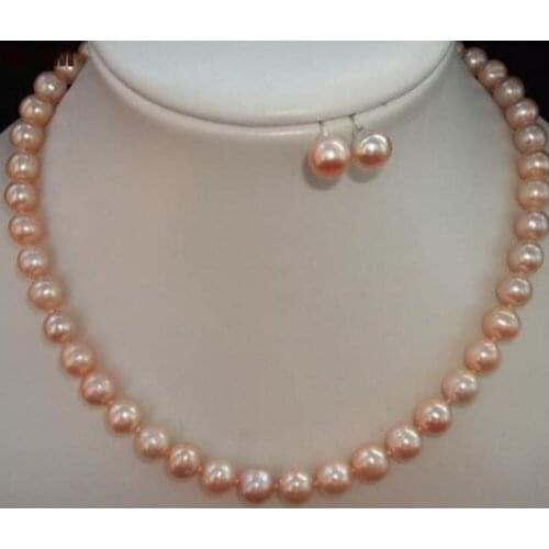 7-8MM Pink Akoya Cultured Pearl Necklace Earring Jewelry Set