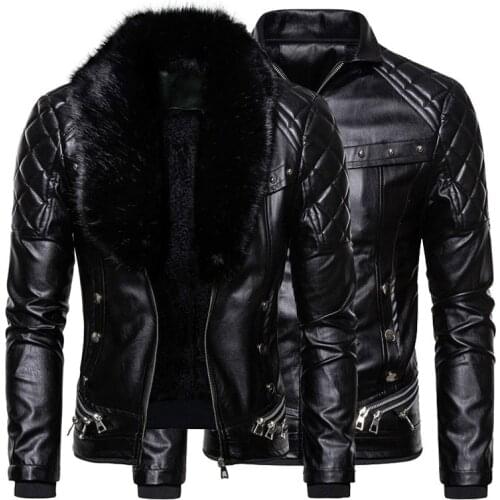 New Mens Biker Leather Jacket Fur Collar Detachable Faux Leather Motocycle Jackets Coats Casual PU Jacket Chaqueta Moto Hombre