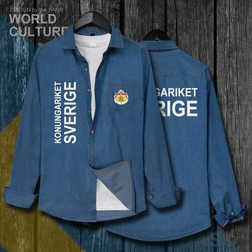 Sweden Sverige Swedish Swede SE SWE Men Fashion Clothes Autumn Jacket Turn-down Collar Jeans Shirt Long Sleeve Cowboy Coat 20
