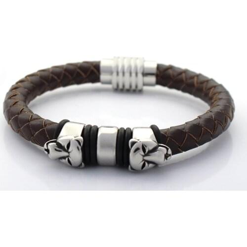 Men Bangles 8MM Genuine Braided Leather Bracelet Never Fade 316 Stainless steel Lion Charms Bead Bracelets with Magnet Clasp