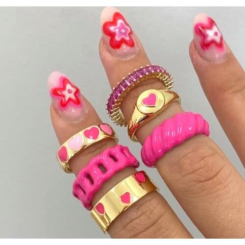 2021 New Fashion Vintage Ins Colorful Small Love Heart Copper Drop Oil Gold Ring for Women Girl Party Jewelry Gifts