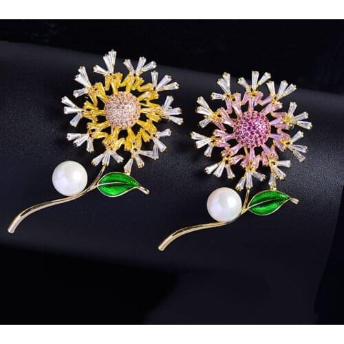 OKILY Luxury Zircon Jewelry Accessories for Women Coat Ornament CZ Sunflower Broochpin Cute Floral Pearl Brooch Pin Xmas Gift