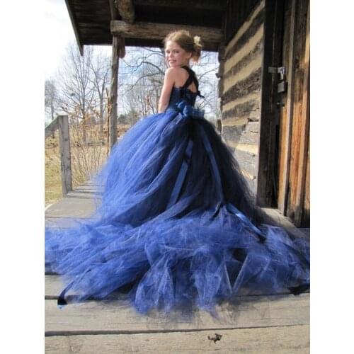 Elegant Girls Navy Blue Tutu Dress Kids Crochet Flowers Tulle Dress Lace Straps Ball Gown Children Evening Party Costume Dresses