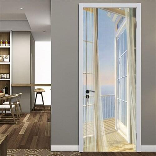 Seaside Door Sticker Self Stick Vinyl DIY Waterproof Wallpaper On The Doors Home Decor Renovation Wall Art Lake Tree Mural Decal